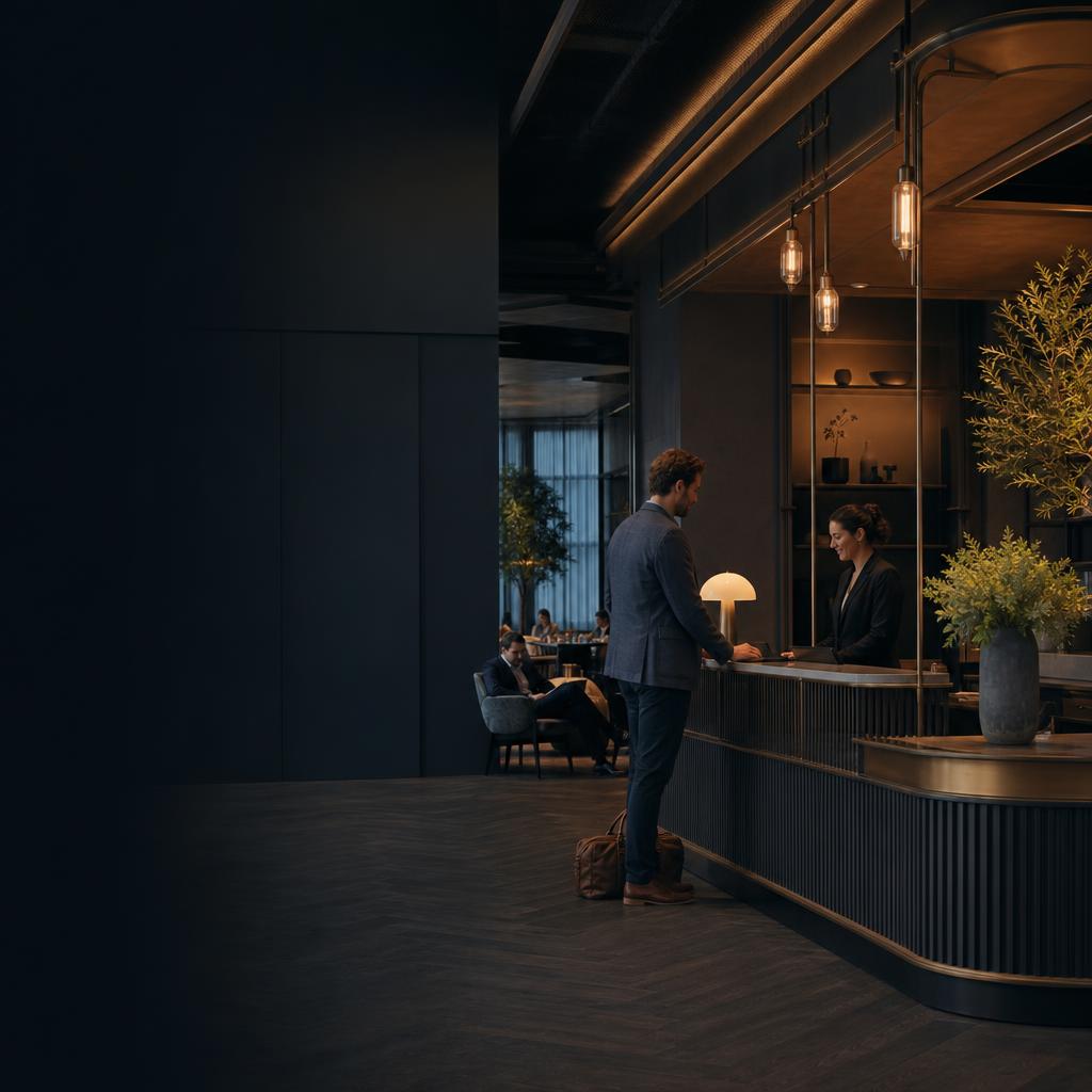 Hospitality guest receiving service at a contemporary concierge desk